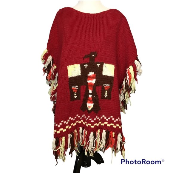 Vintage Sweaters - Vintage 1970's Handknit Thunderbird Poncho with Fringe, Hand Knit Cowichan Cape
